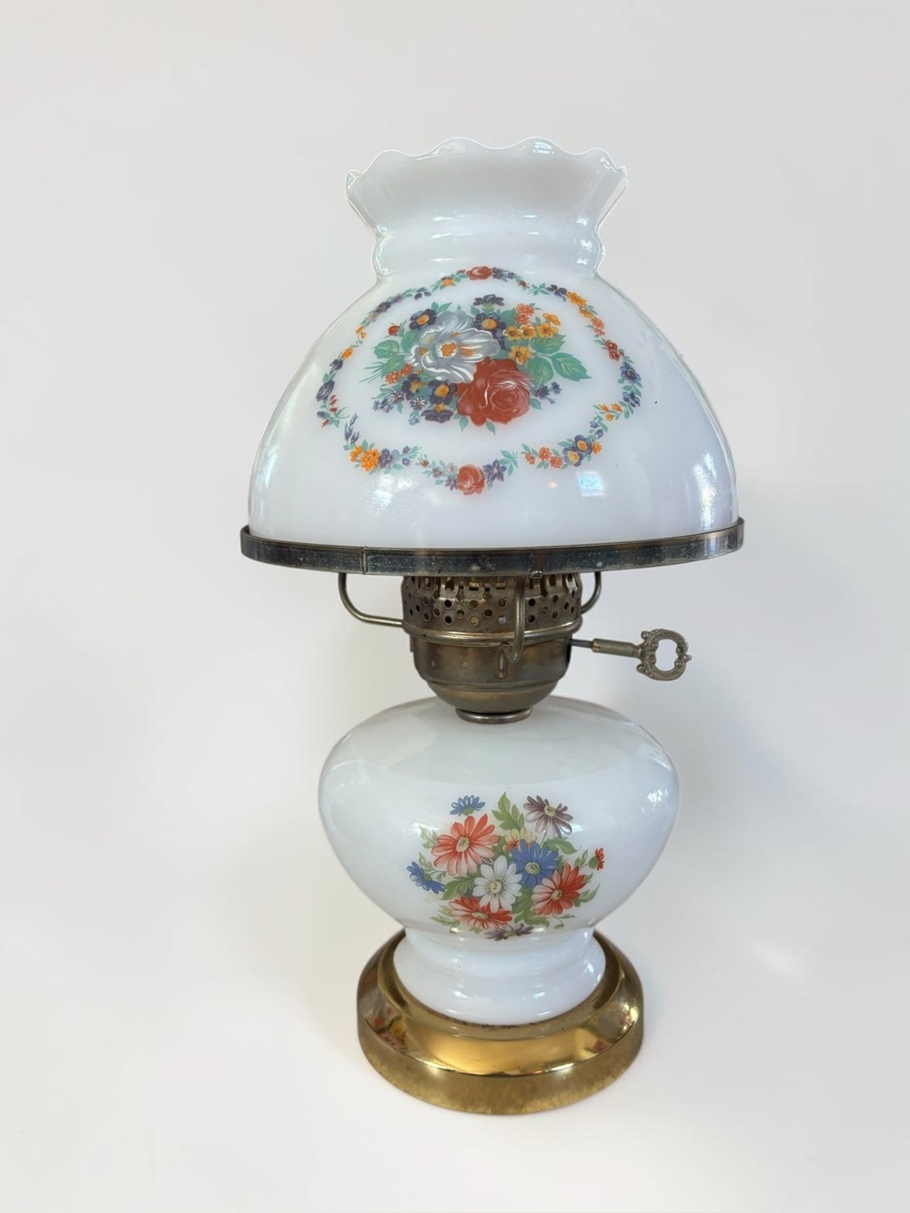 Vintage Floral Milk Glass Hurricane Lamp Working Key Switch 15"